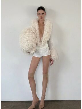 UNNAMED Mellow Solara Set - Plunging Faux-Fur Trim Bodysuit and Shorts